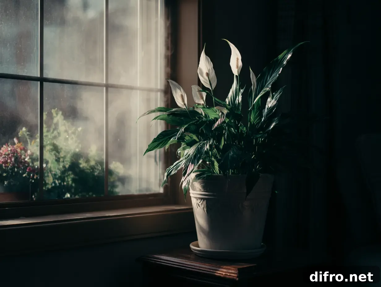 An image of a Peace Lotus plant in a white pot kept on a window sill during winter.