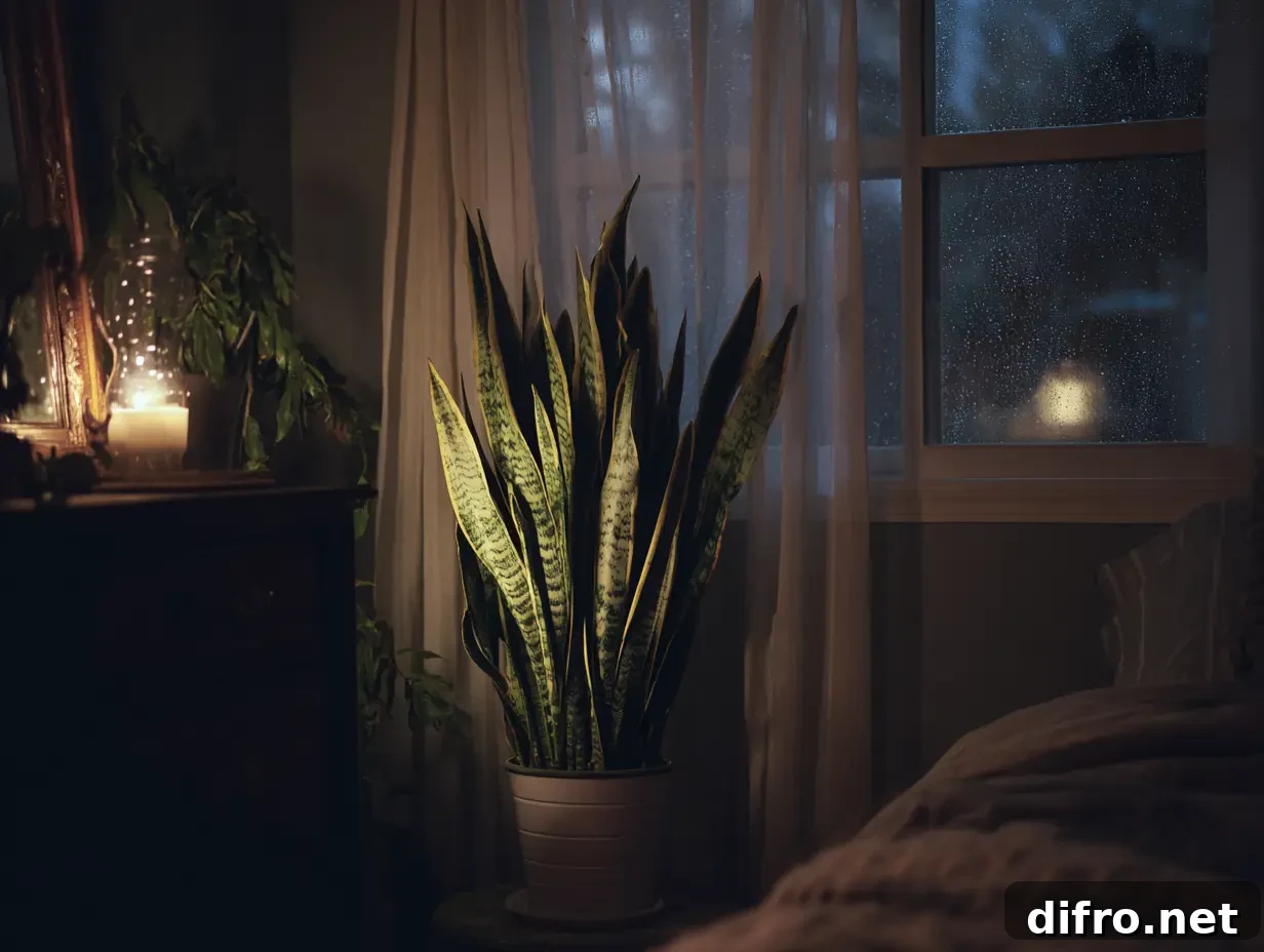 An image of a Snake Plant kept in the corner of a bedroom at night during winter.