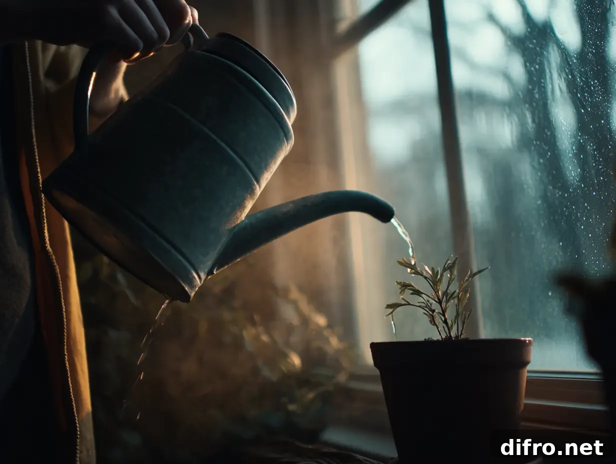 An image of a person watering a small plant during winter.