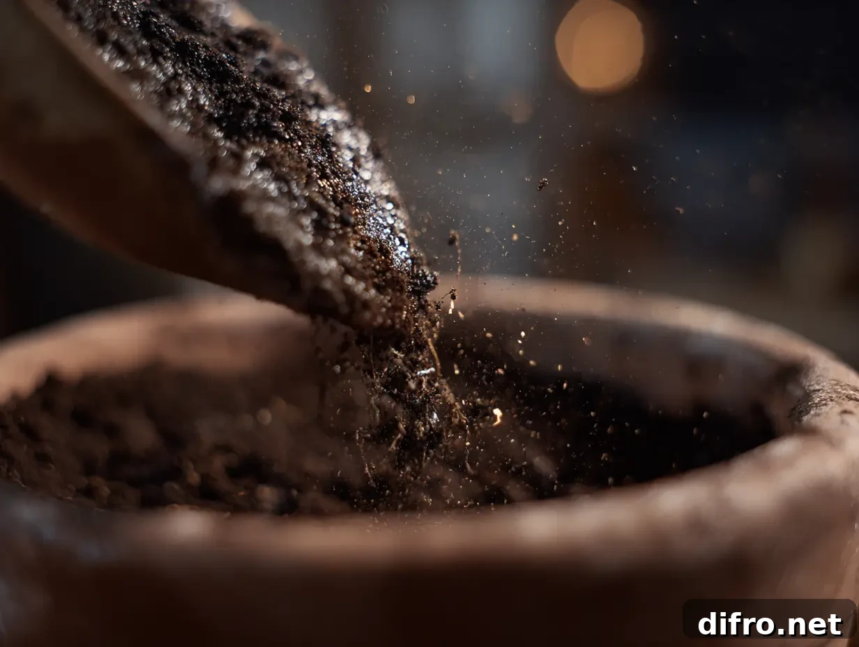 A closeup image of soil being added into a clay pot.