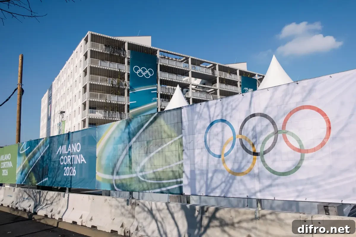 A general view of the Olympic Village one week before the start of the Milano Cortina 2026 Winter Olympics Games in Milan