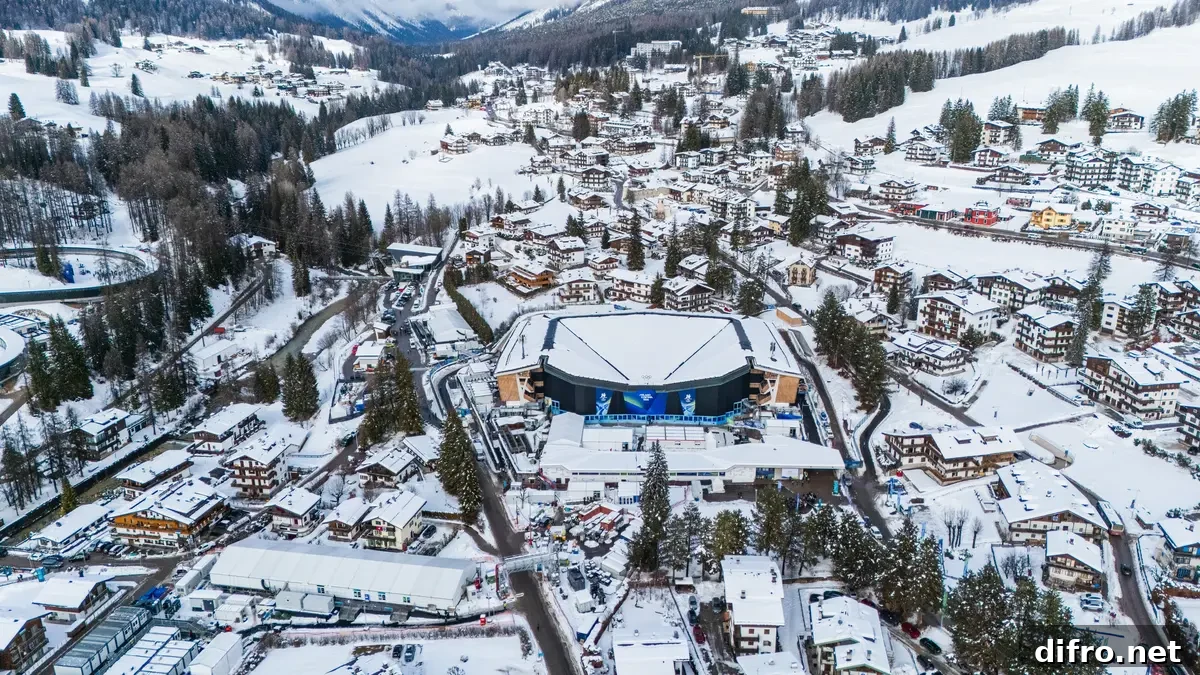 A view of the Cortina Curling Olympic Arena, one of the competition venues for the Milano-Cortina 2026 Winter Olympics, as final preparations continue ahead of the Games’ official opening on February 05, 2026 in Cortina D'Ampezzo, Italy