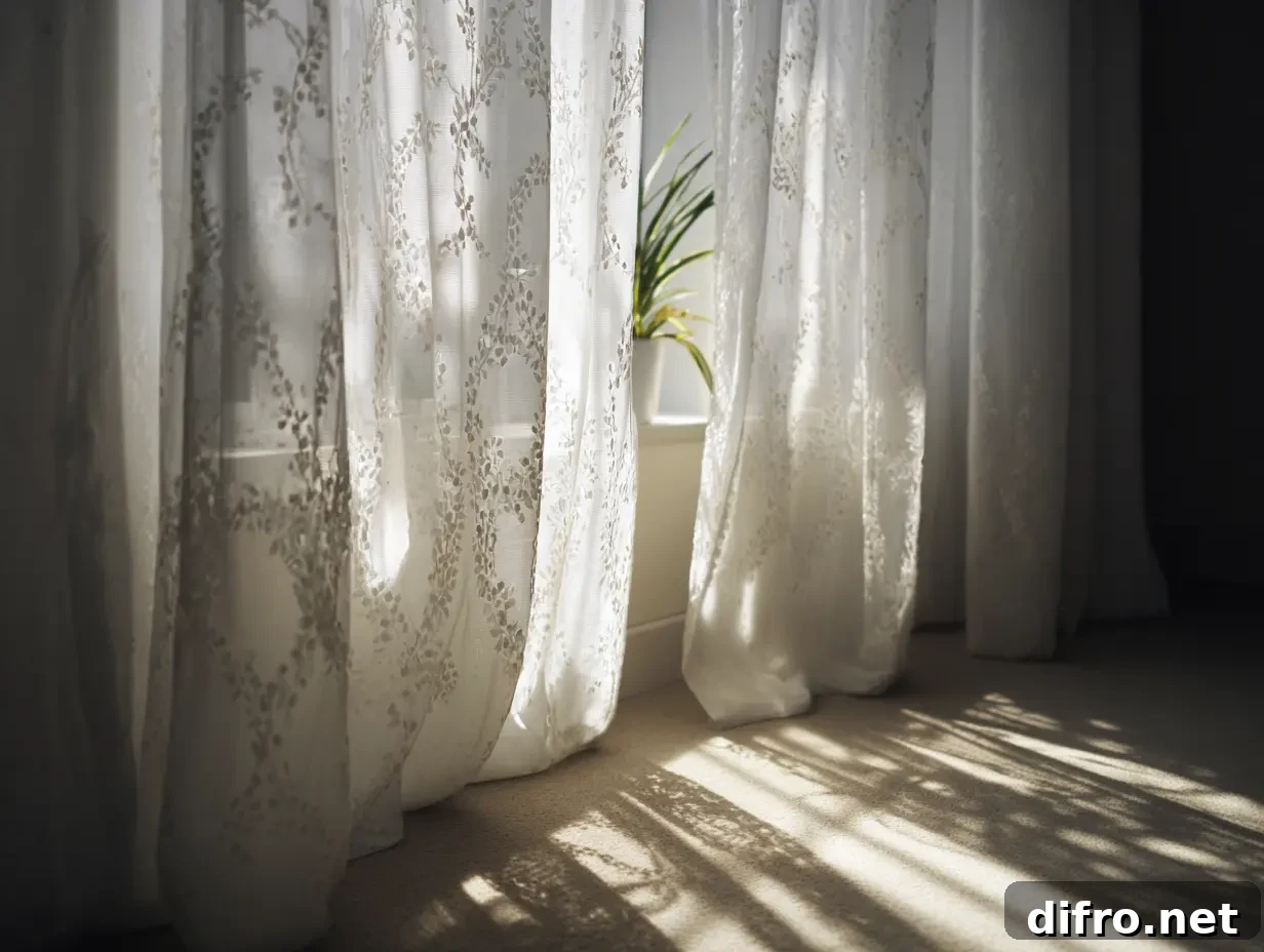 An image of eyelet curtains in a bedroom.