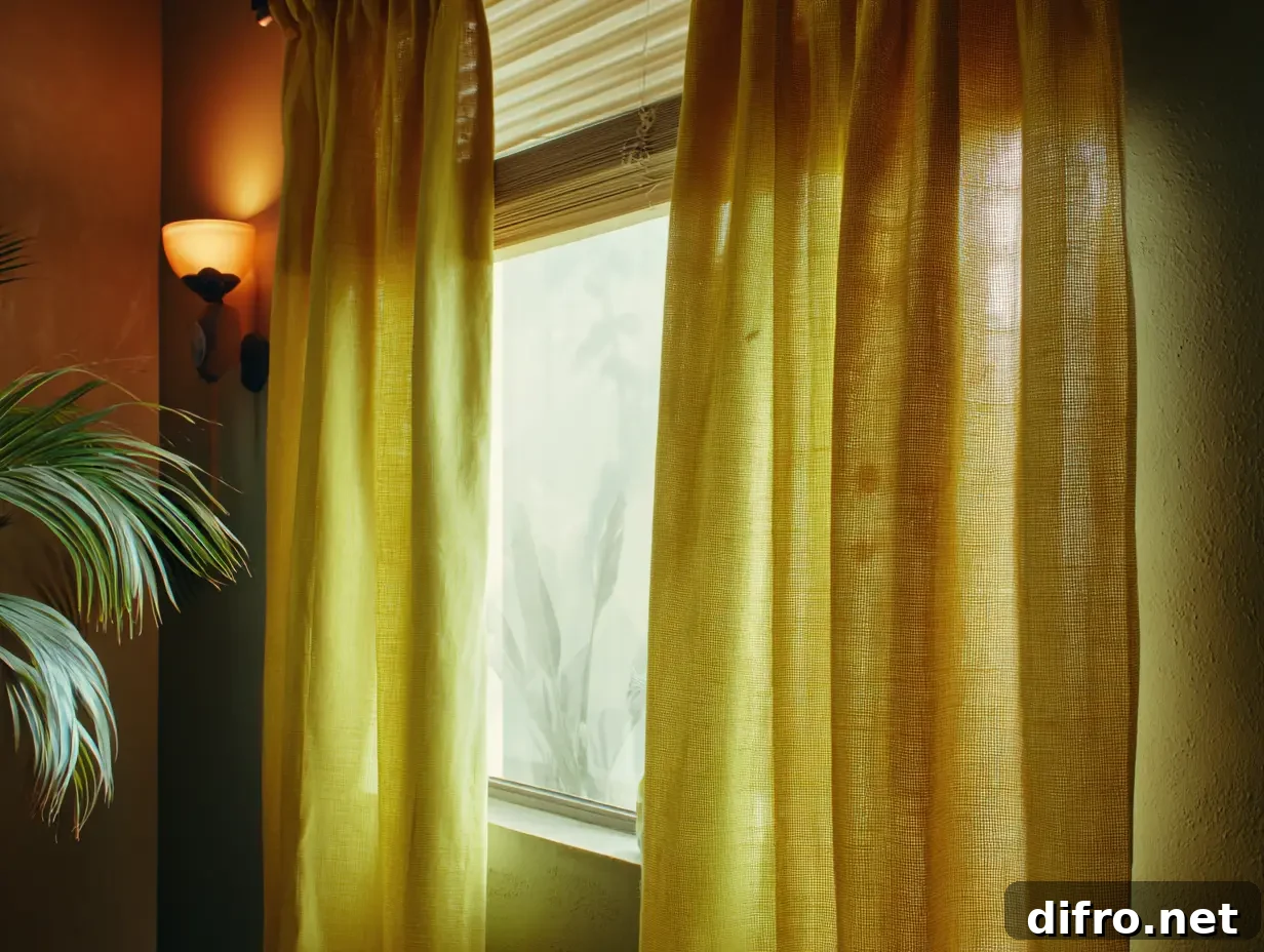 A shot of yellow open eyelet curtains.