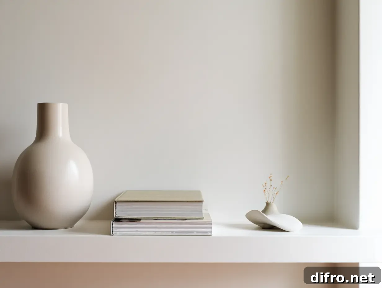 A serene, minimalist Scandinavian living room shelf with few carefully placed objects.