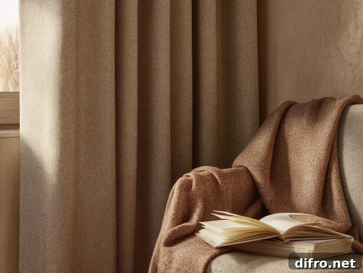 A cozy reading nook with warm neutral tones, linen curtains and a wool throw.