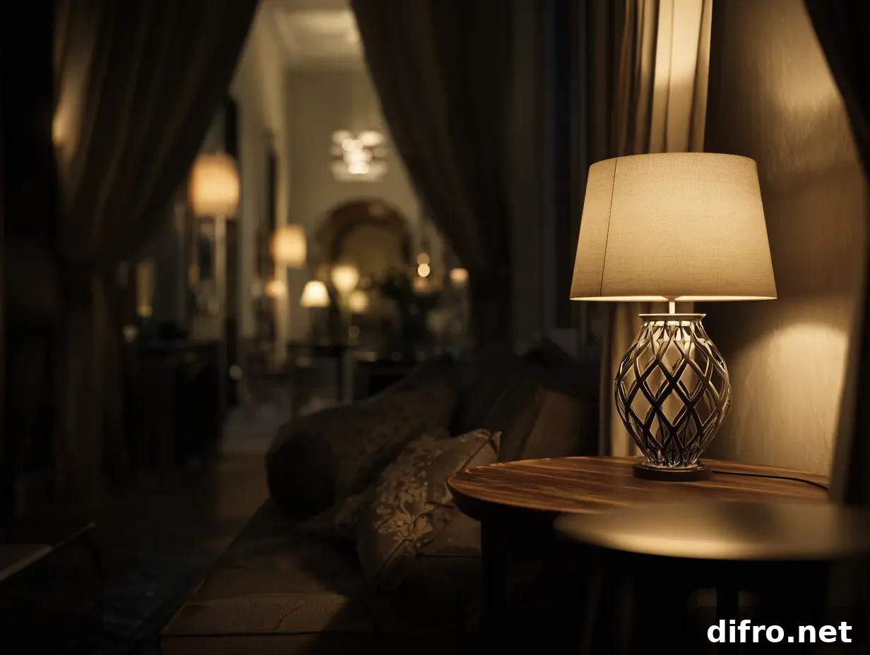 An evening living room with multiple small light sources, creating a warm atmosphere.