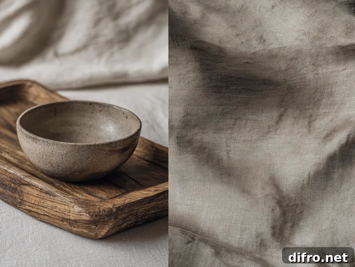 A tactile still-life of decor: rough wood tray, heavy linen cloth, matte ceramic bowl.