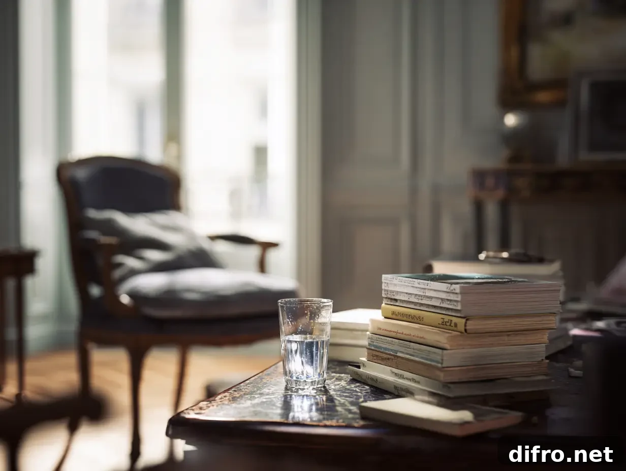 A lived-in European apartment with real books on a coffee table and soft morning light.