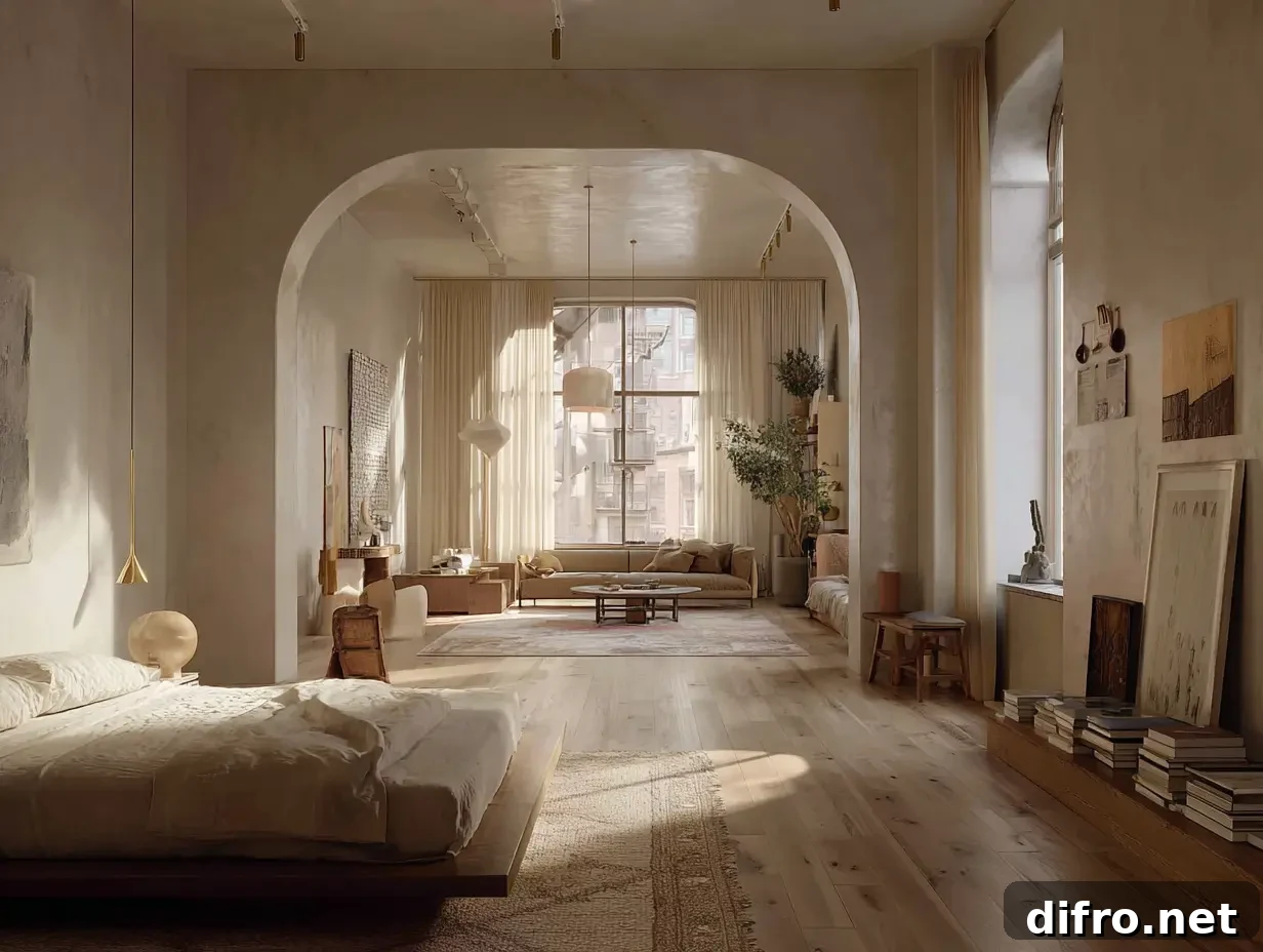 A wide shot of a modern European flat emphasizing a calm, edited interior.