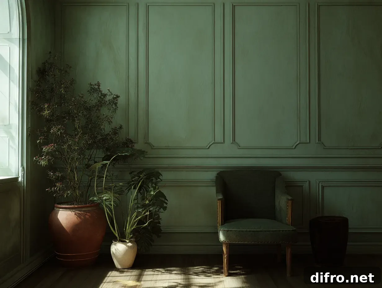 A room with muted green wall paint.
