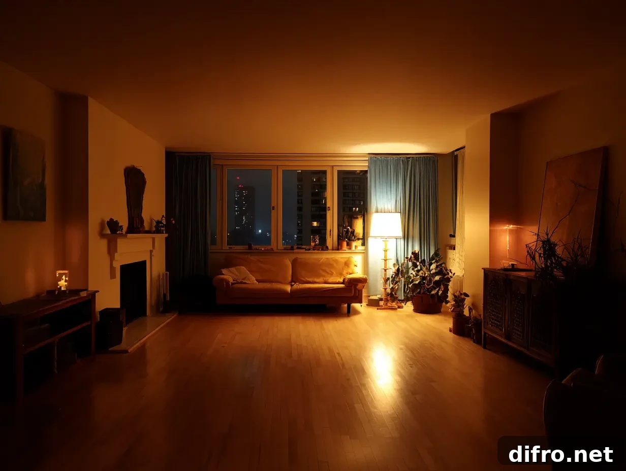 A dimly lit room that uses 2700K bulbs.
