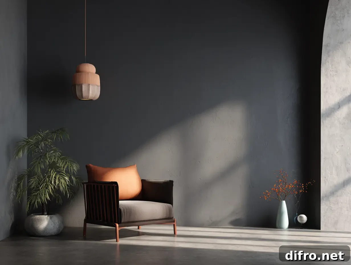 A room with matte grey wall paint.