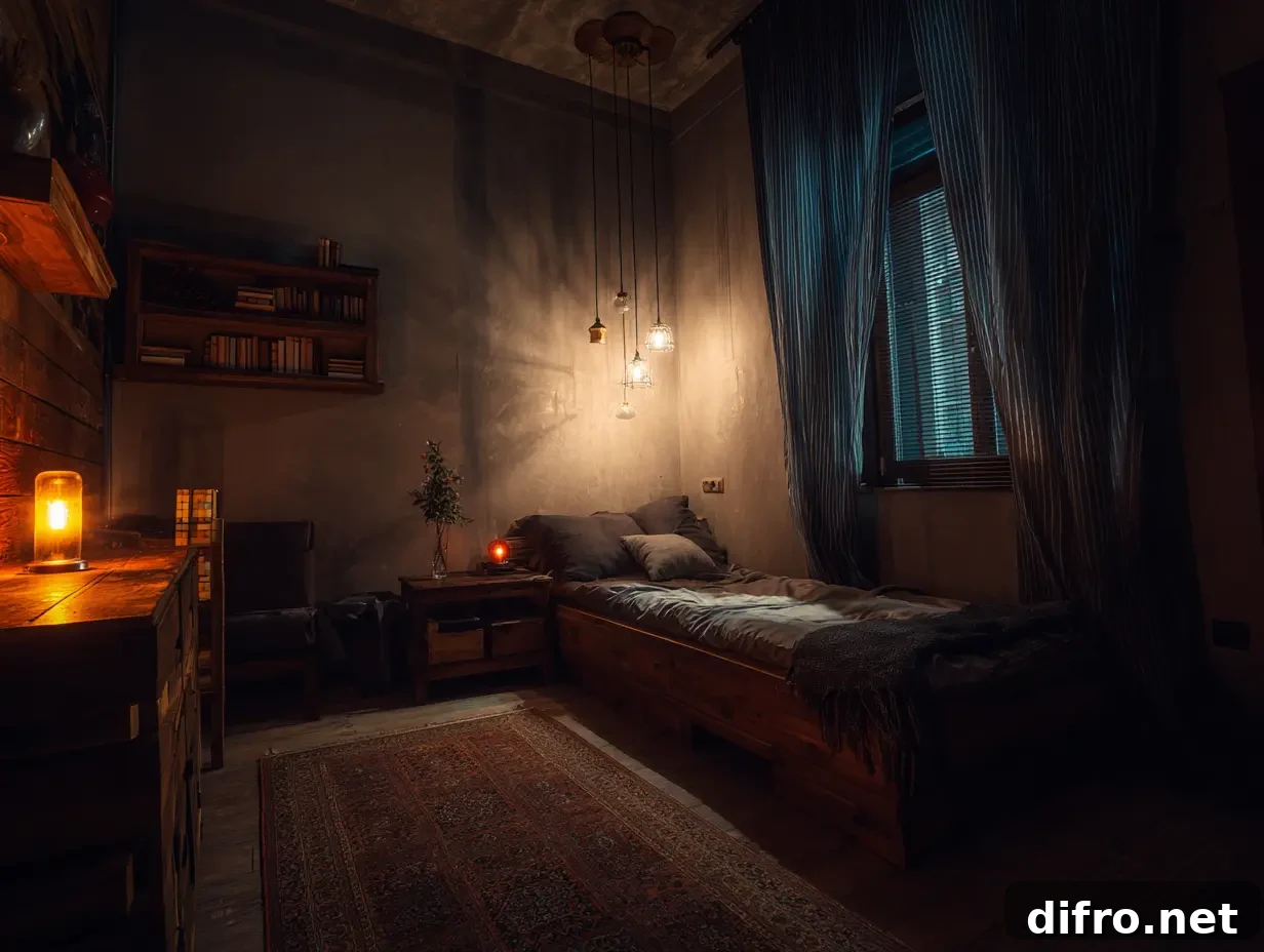 A dimly lit bedroom that uses 2700K bulbs.