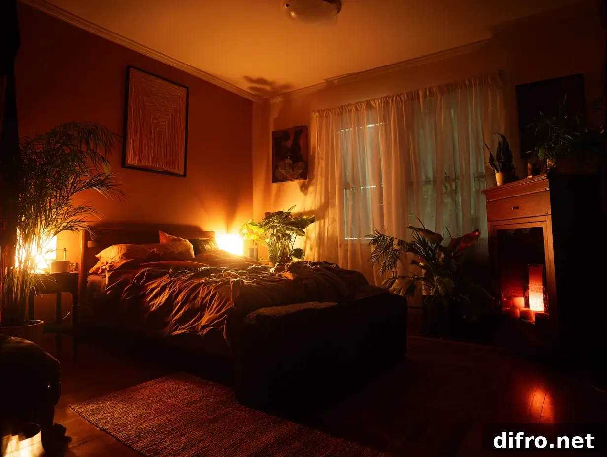 A dimly lit bedroom that uses a few 2700K bulbs.