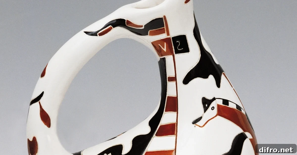 Jug-shaped vase, polychrome ceramic decorated with horse and rider, Laveno manufacture, Italy, 20th century. 