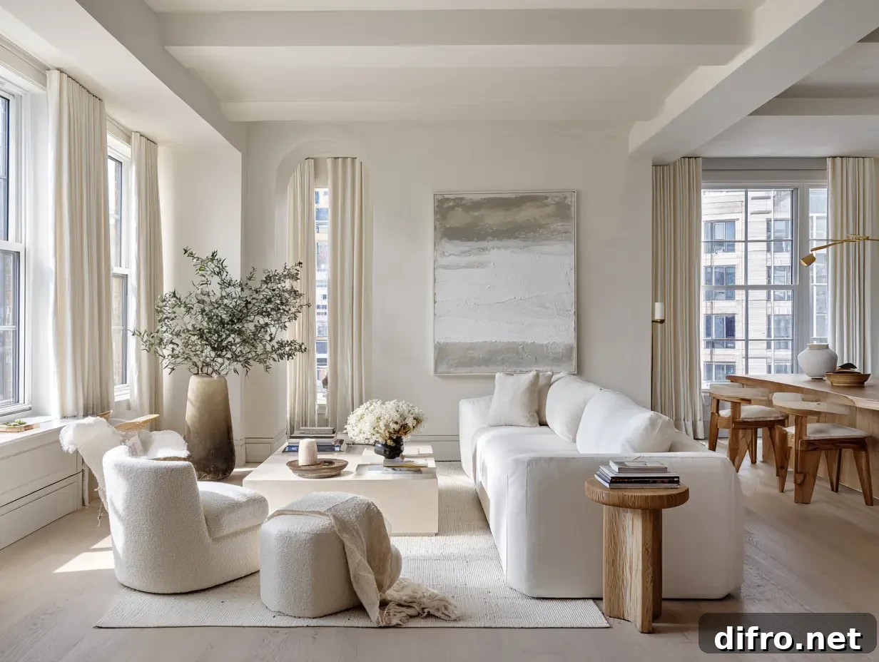 A white apartment room with Plaster walls, linen upholstery, brushed wood, natural stone, ceramic, and layered textiles.