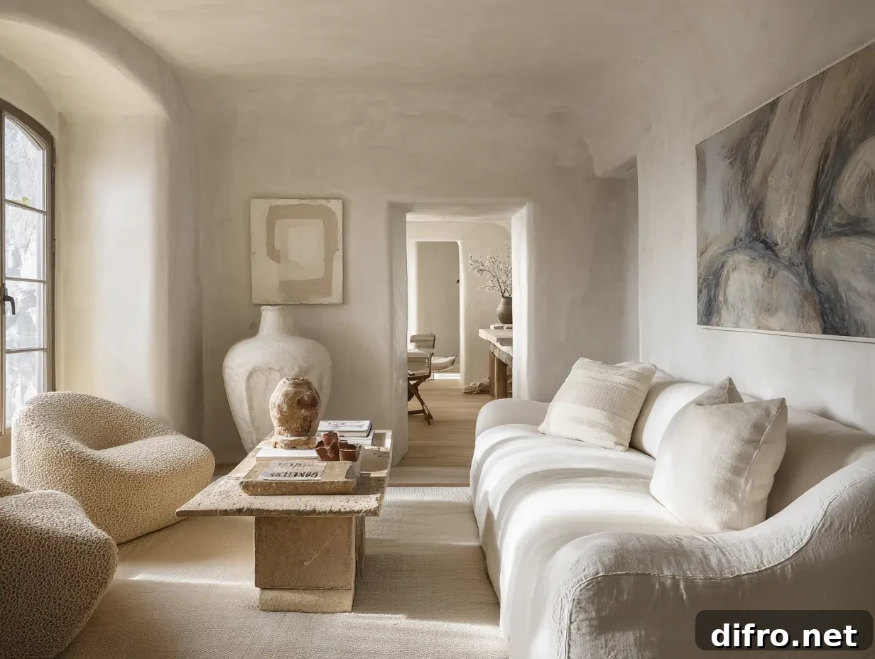 A white apartment room with Plaster walls, linen upholstery, brushed wood, natural stone, ceramic, and layered textiles.