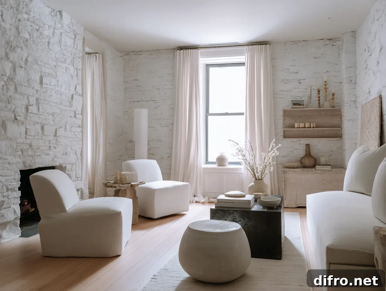 A white apartment room with Plaster walls, linen upholstery, brushed wood, natural stone, ceramic, and layered textiles.