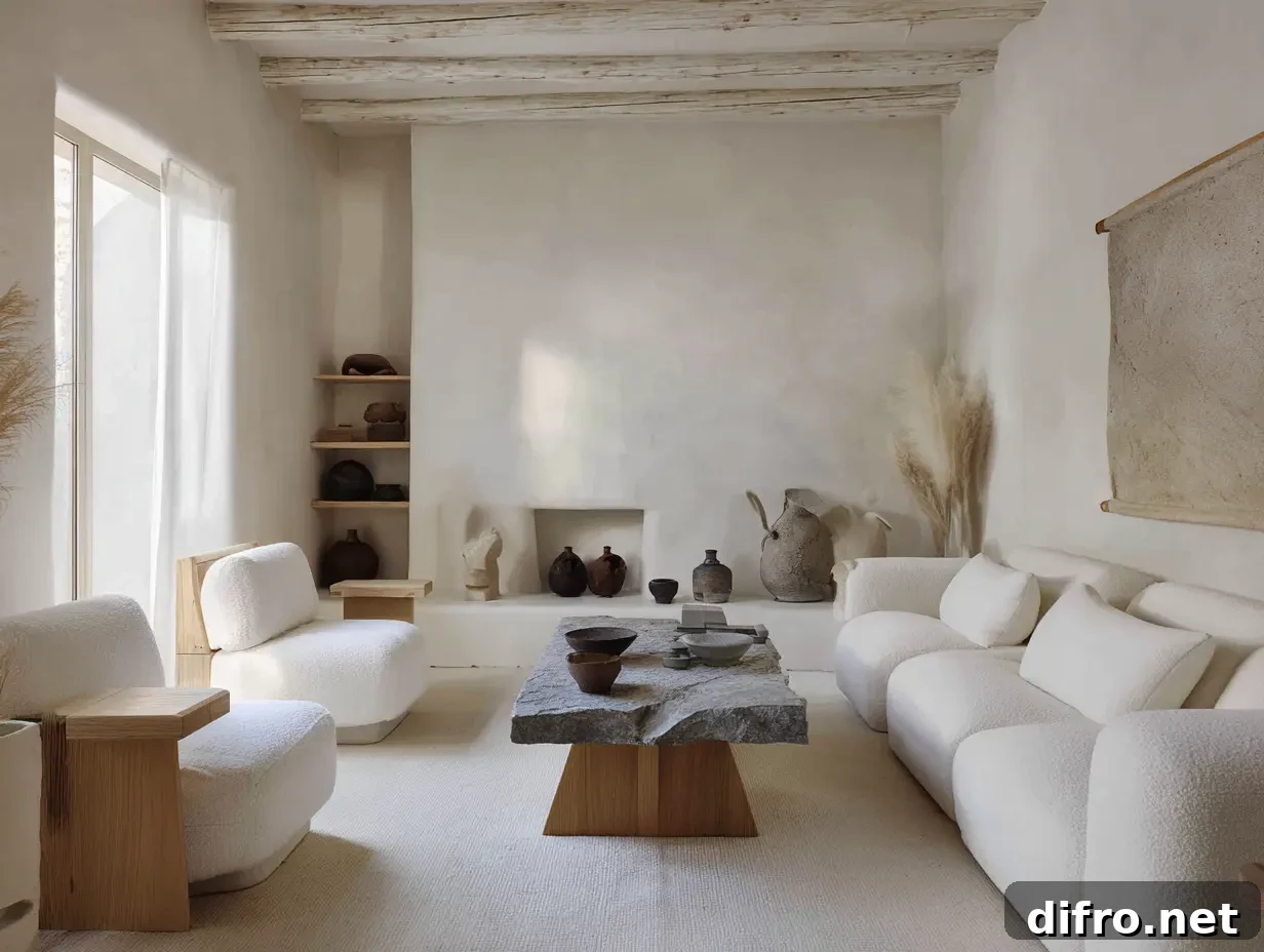 A white apartment room with Plaster walls, linen upholstery, brushed wood, natural stone, ceramic, and layered textiles.