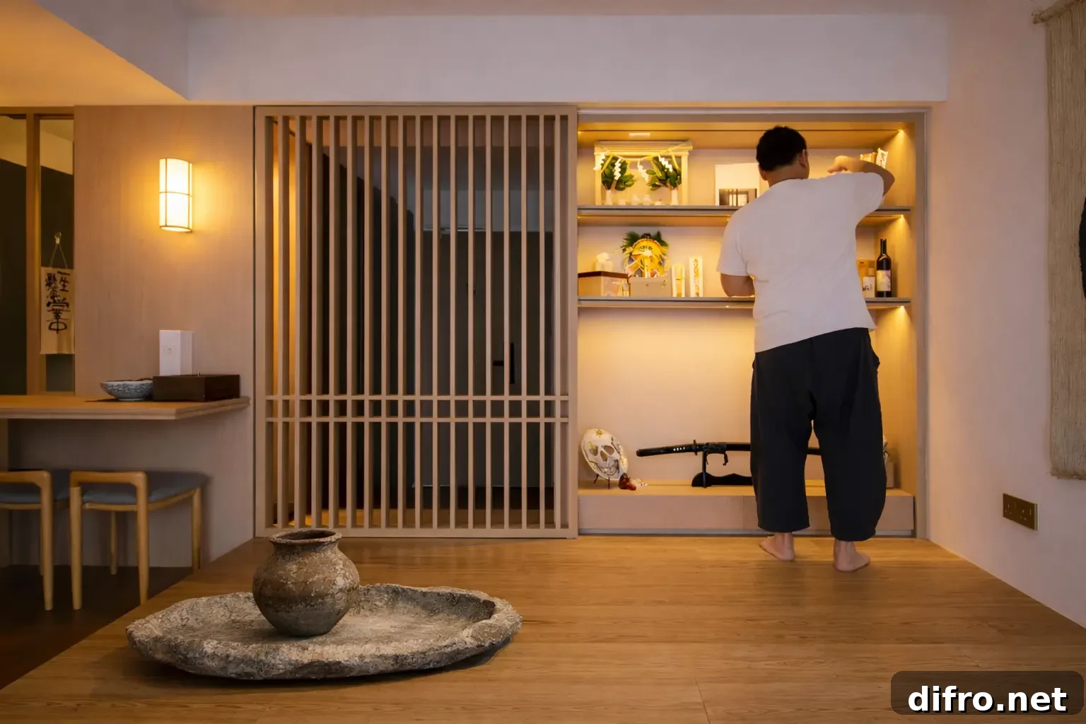 A house that practices the Japanese concept of Genken with a stone work tray and a Sabi-Wabi pot.