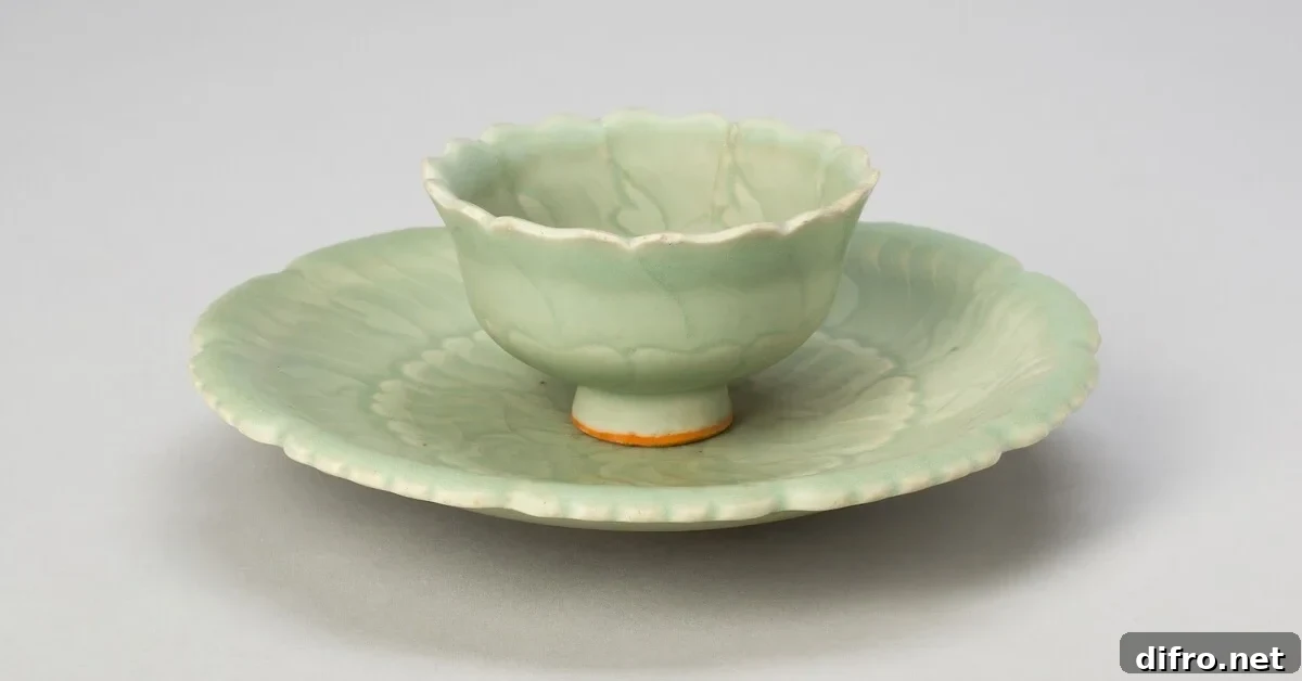 Foliate Cup and Stand, Yuan dynasty (1279–1368), 14th century, China, Longquan ware, stoneware with underglaze molded decoration, Diam. 16.5 cm (6 1/2 in.).