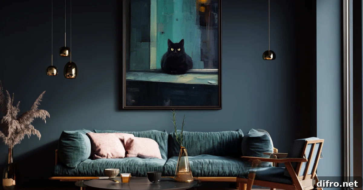 2026 Wall Upgrade: Unframed Art That Looks Intentional 4 Cinematic realistic shot of a weird modernist painting of a cat unframed and hanging in a modern, chic living room.
