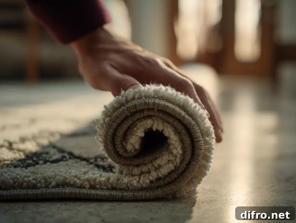 30-Minute Spring Cleaning Reset: Make Your Home Feel New 5 A closeup image of a person rolling up the rug they had in their living room during winter which they will now change out since it's spring.