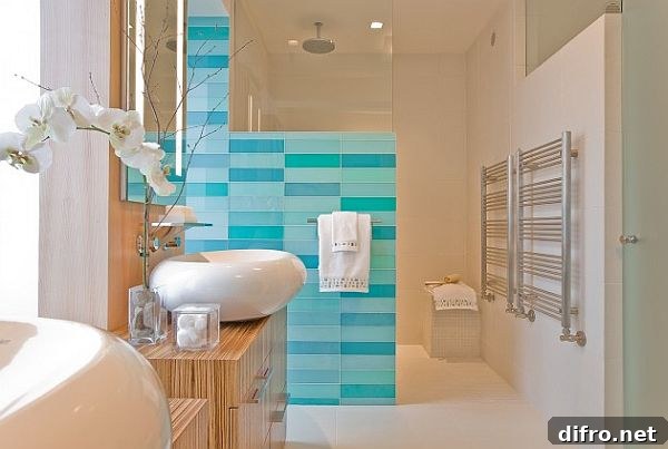 shades of blue bathroom tiles with heated towel racks