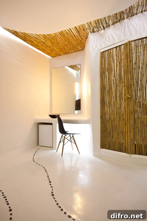 Detail of curved plaster walls and soft lighting