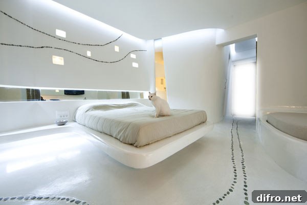 Detail of pebble-like flooring and irregular wall lines
