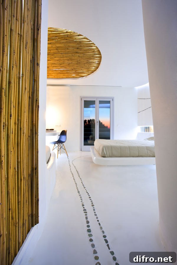 Wide view of the suite highlighting sculptural wall forms
