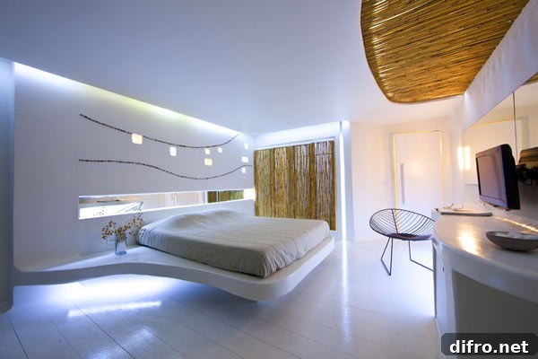 Natural bamboo accents and soft textiles in the suite