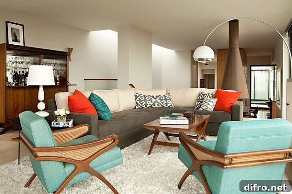 An amazing living room set in aquamarine and orange