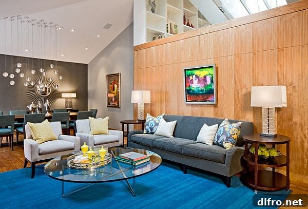 Colorful accents in a contemporary retro living room