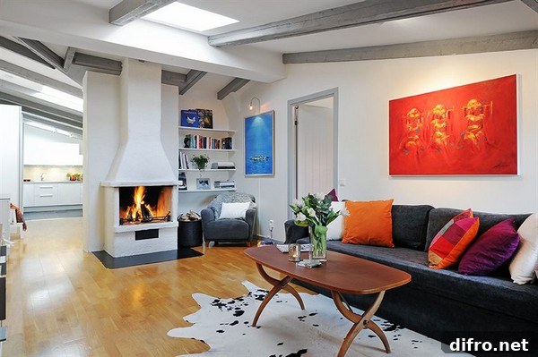 Scandinavian apartment with fireplace
