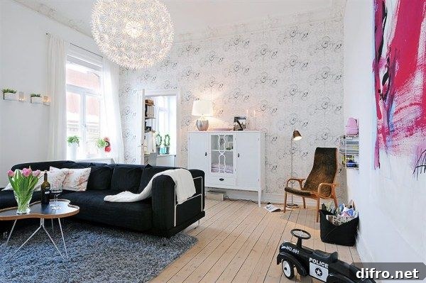 artistic living room with Scandinavian design theme