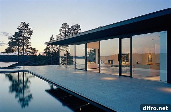 Infinity-style pool with lake backdrop
