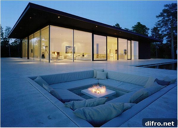 Evening exterior with subtle architectural lighting