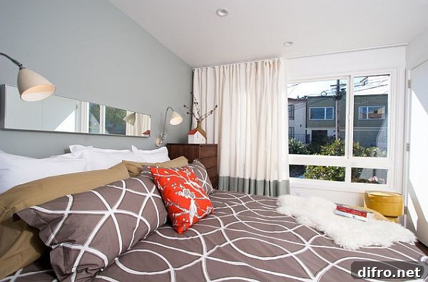 Master suite bedroom with modern duvet cover