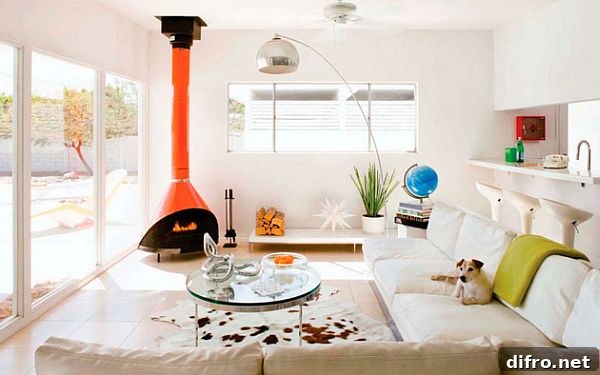 White living room with fireplace