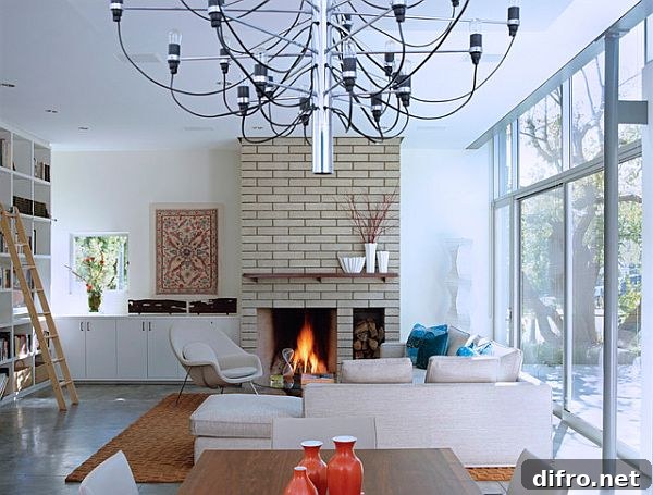 Fancy living room with large fireplace and warm feeling