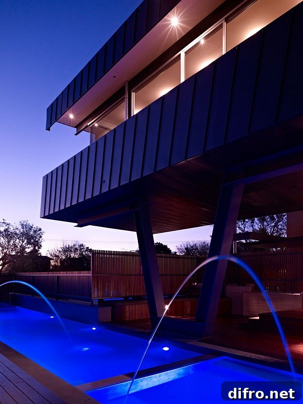 View across the pool and living area toward the bay