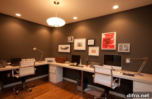 Clean and elegant home office in dark colors and light decor