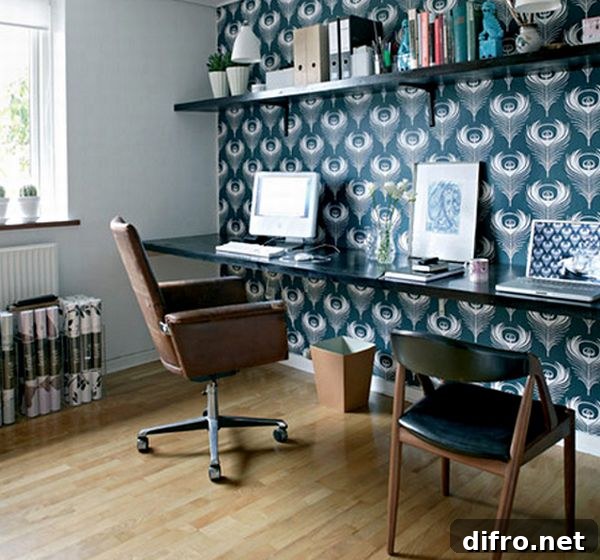 Cozy home office in bright blue and with ample space