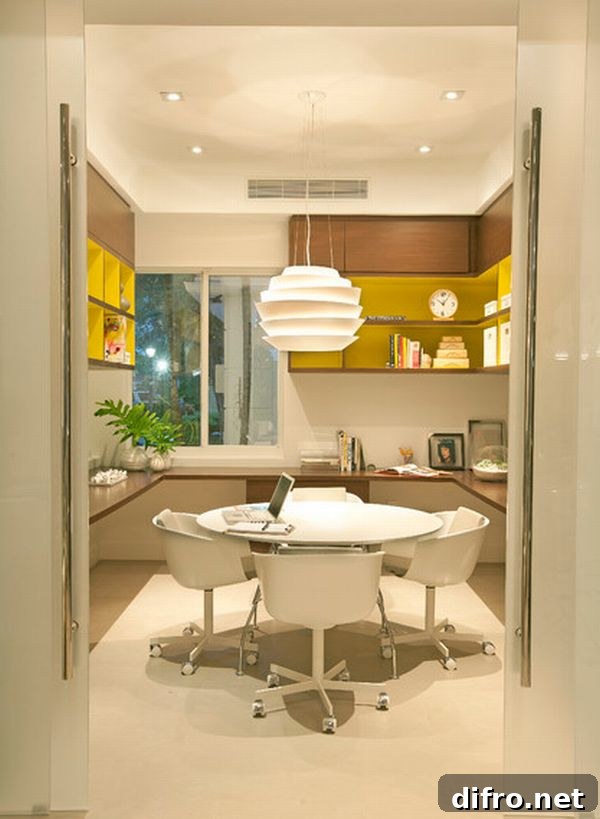 Home office space for entire family with warm hues and translucent doors