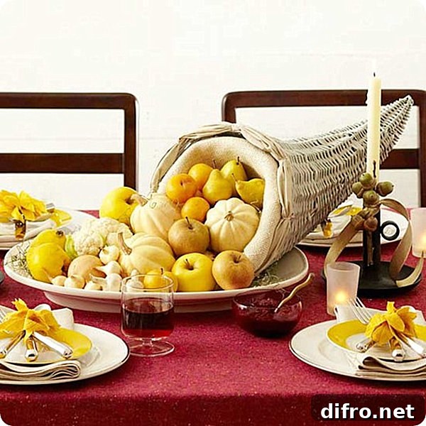 A cornucopia centerpiece in shades of yellow