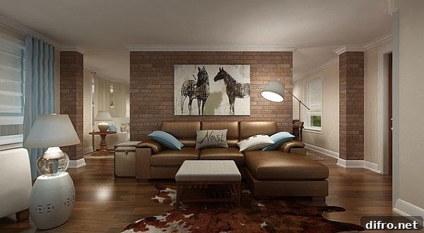 Living room with exposed brick wall