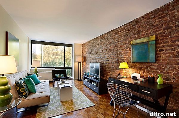 Real exposed brick wall in living room