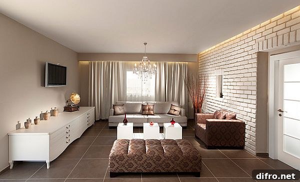 Chic living room with white painted brick wall